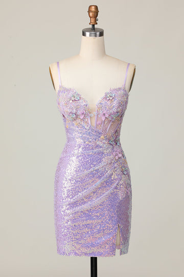 Sparkly Lilac Bodycon Corset Homecoming Dress with Appliques
